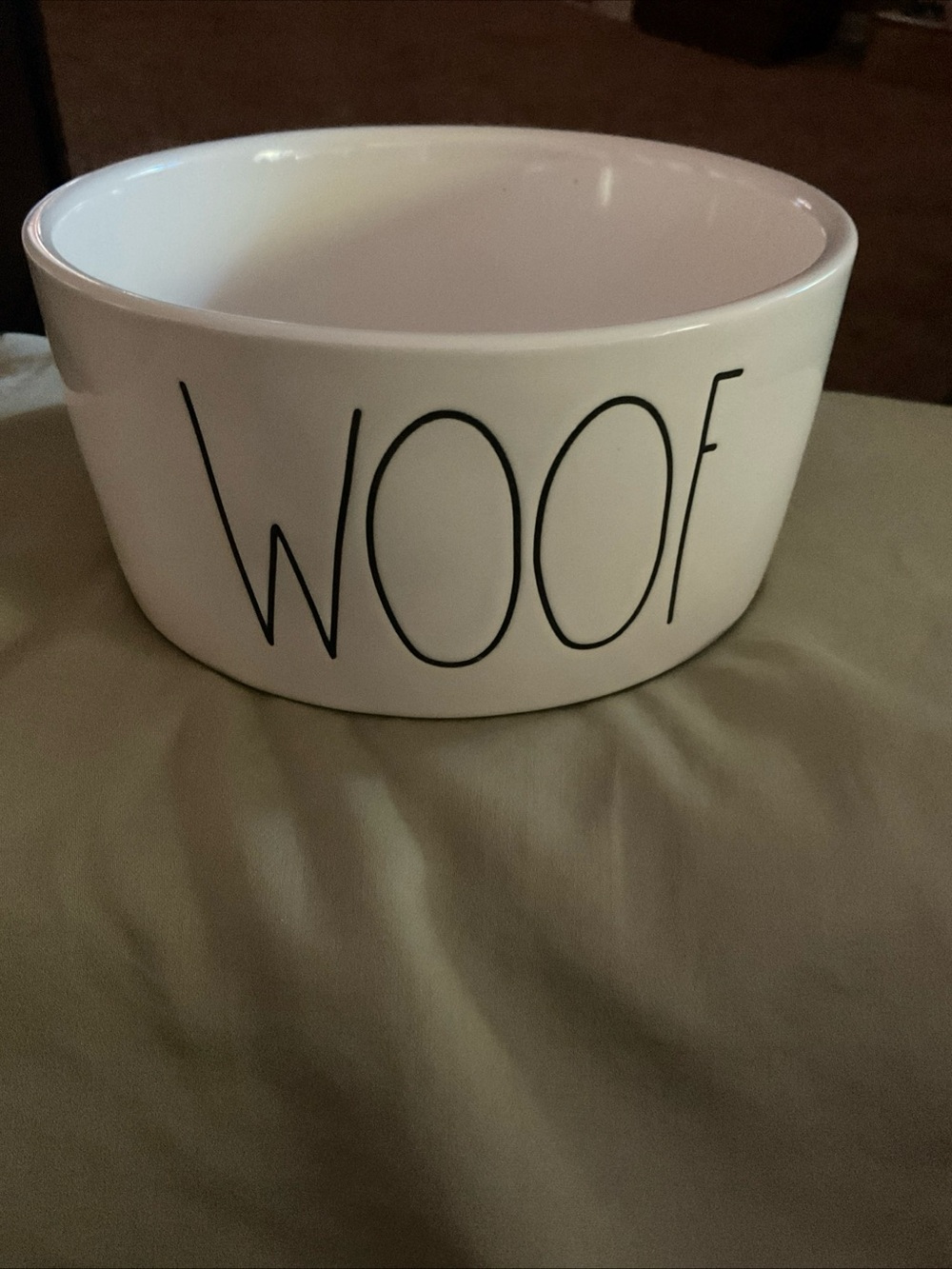 Rae Dunn "WOOF " Dog Bowl ivory Cream w black letters 6” x 3”